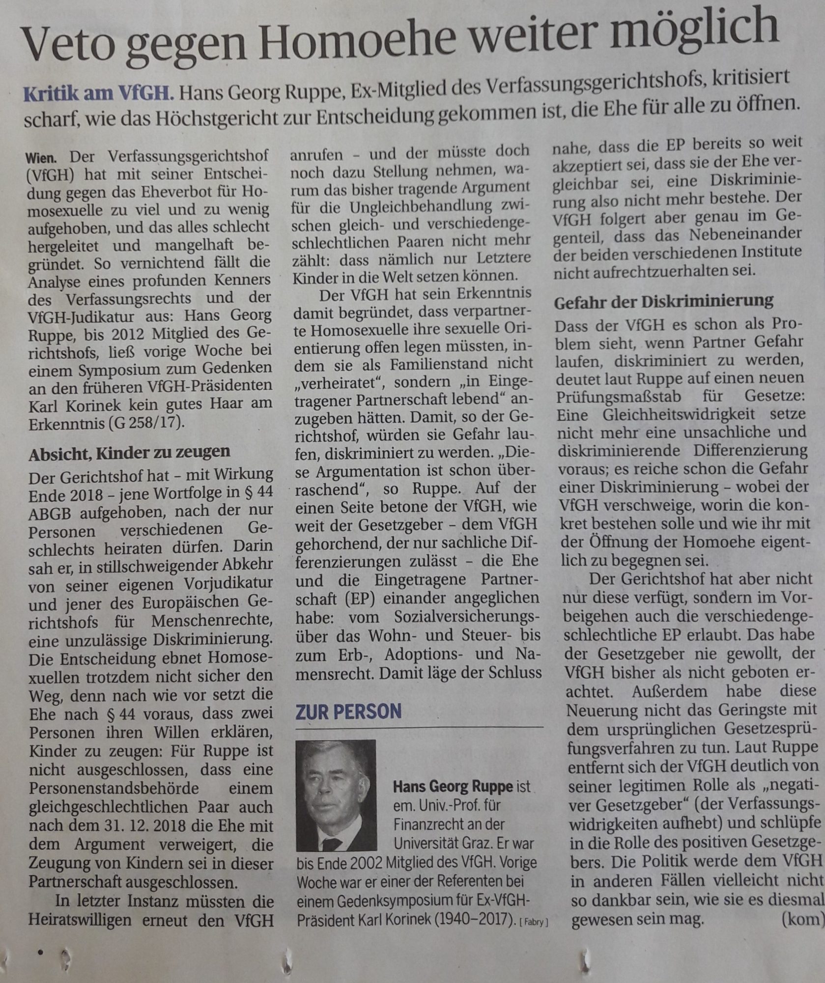 Hans Georg Ruppe - Veto gegen Homoehe